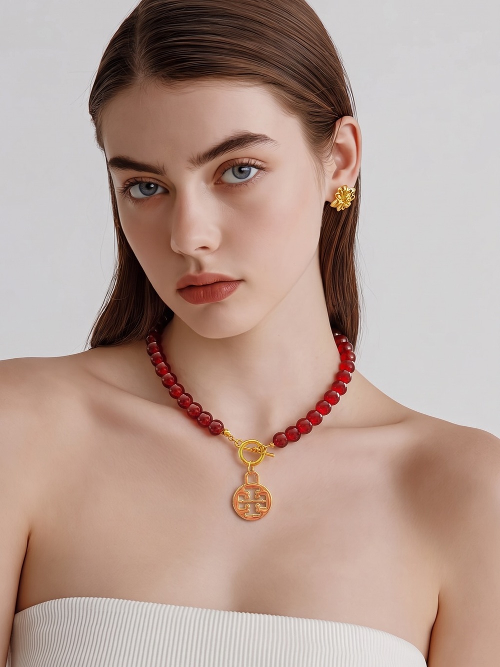 Tory Burch Red Beaded Necklace with Gold Logo Toggle